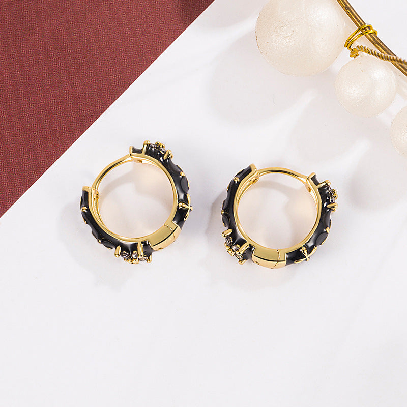 Black Enamel Earrings Retro Hepburn Style High Sense