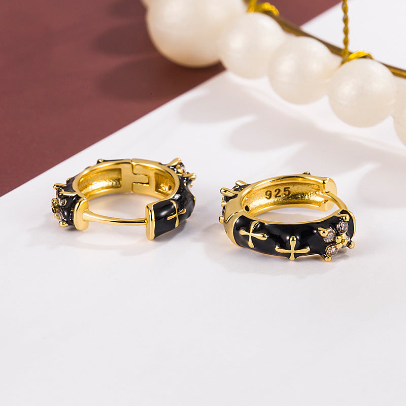 Black Enamel Earrings Retro Hepburn Style High Sense
