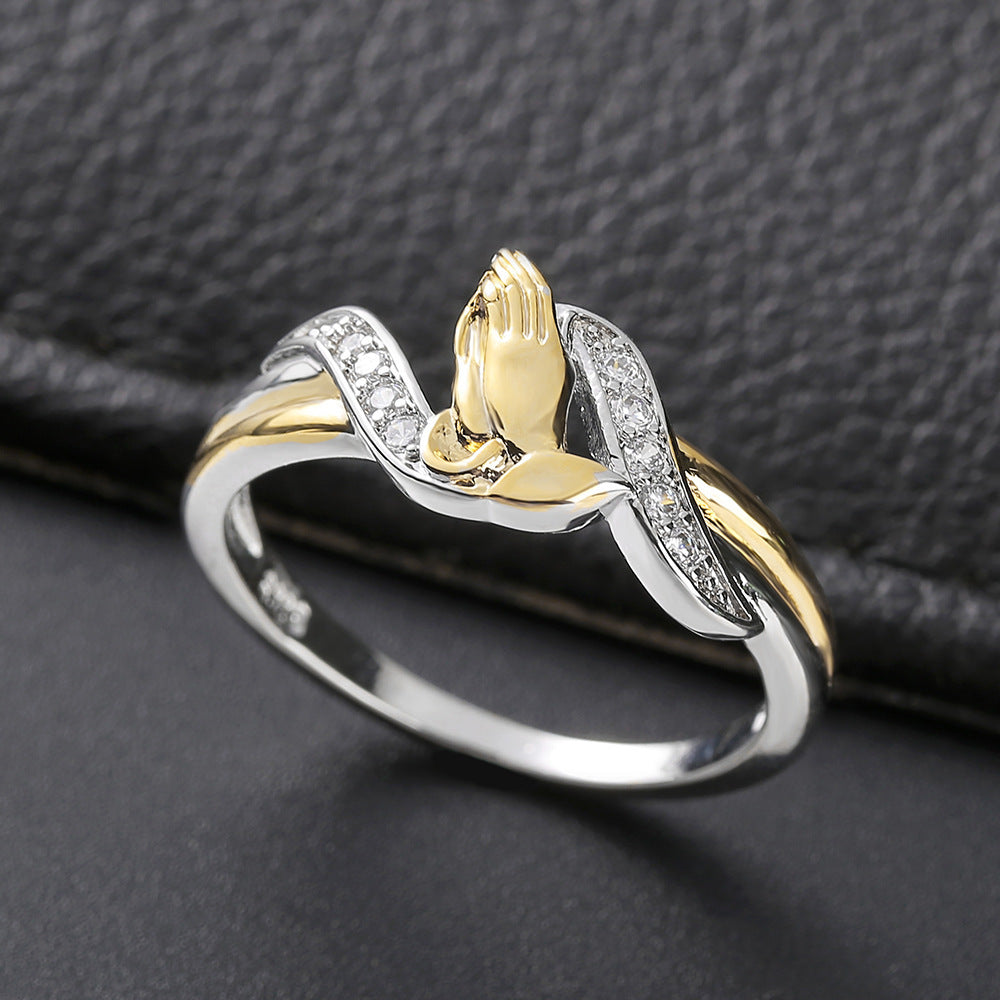 Creative Hands Prayer Color Separation Ring European And American Plated 18K