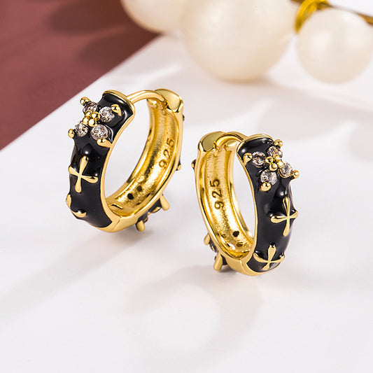 Black Enamel Earrings Retro Hepburn Style High Sense